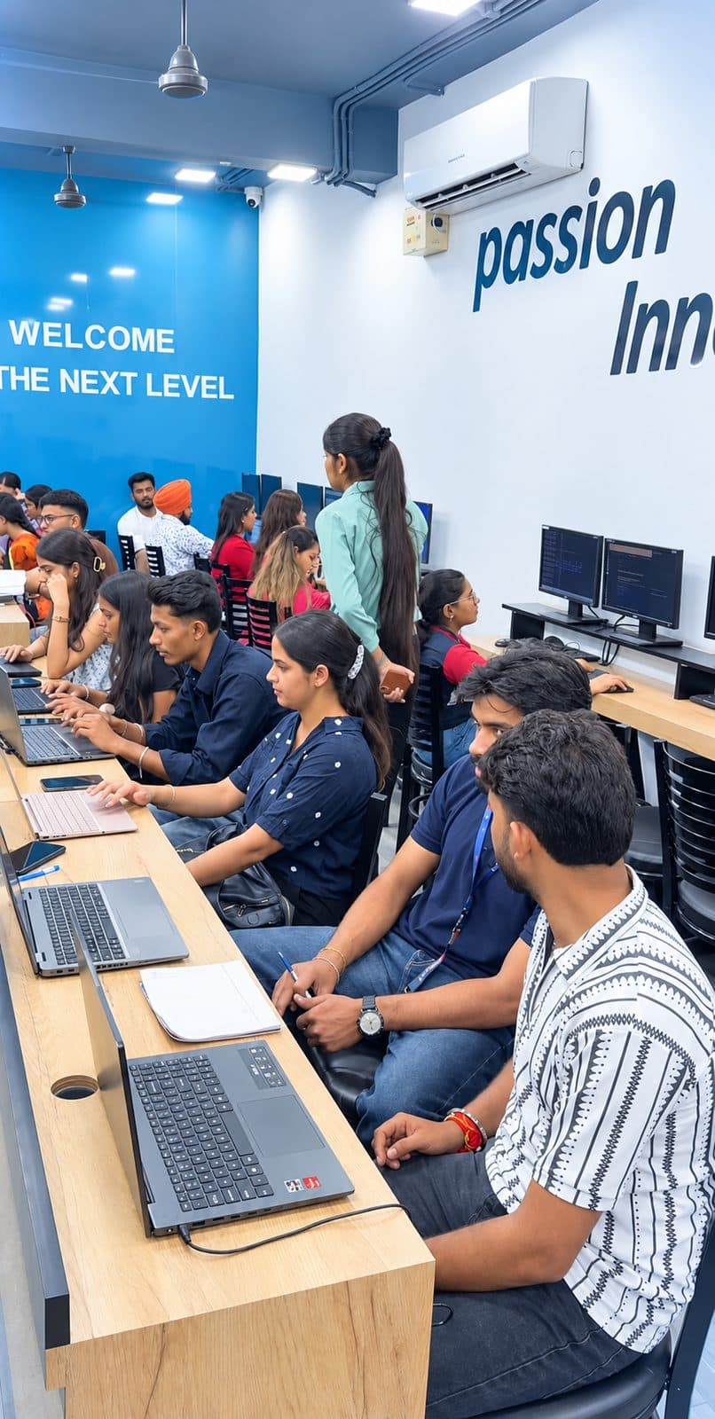 Students coding on laptops in a modern computer lab