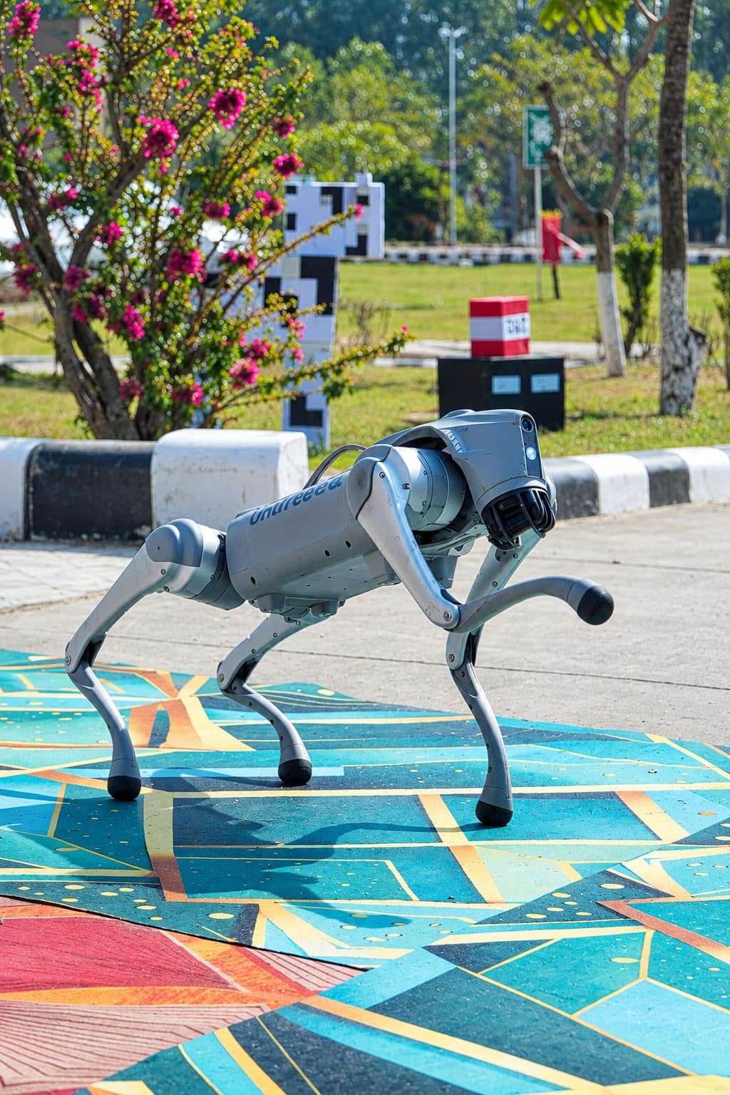 Quadruped robot dog walking on a painted outdoor court