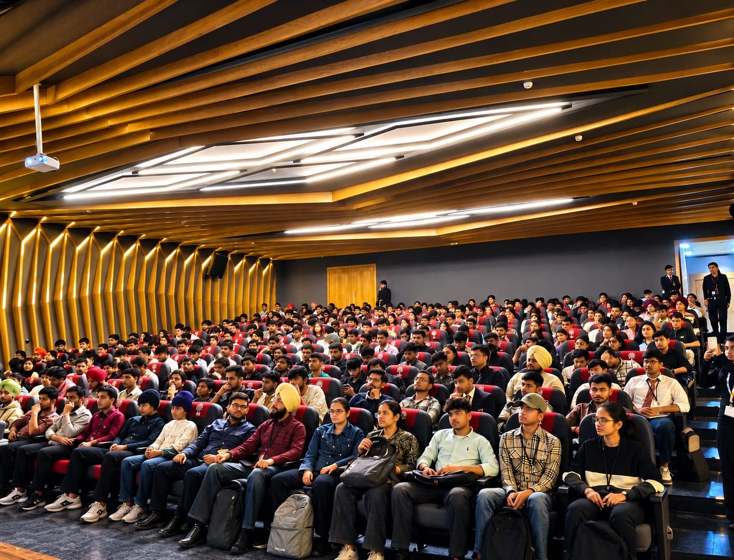 Hundreds of students attending a seminar in an auditorium